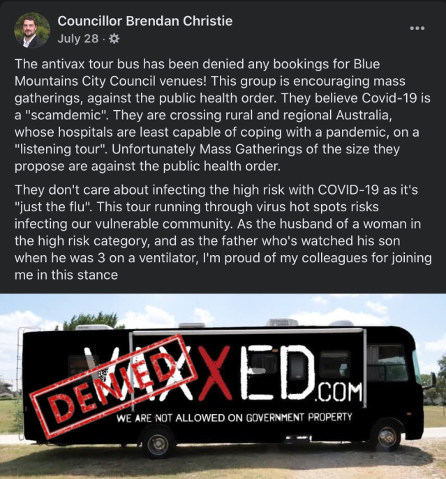 Councillor Brendan Christie posted a Vaxxed bus denied image on Facebook